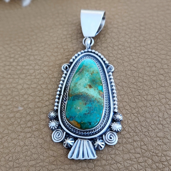 NWOT Native American Navajo Royston Turquoise & Sterling Large Pendant 💙💚🎁 - Picture 6 of 11